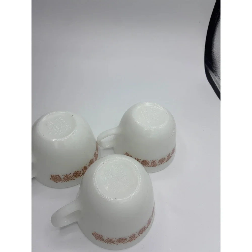 Pyrex Milk Glass Coffee Tea Cups Brown Floral Pattern Set of 3 Vintage